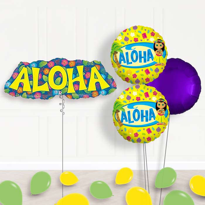 Aloha Balloon Bouquet in a Box Package-Giant Balloon + 2 Themed Balloons + 1 Plain Balloon + Mini Balloons 