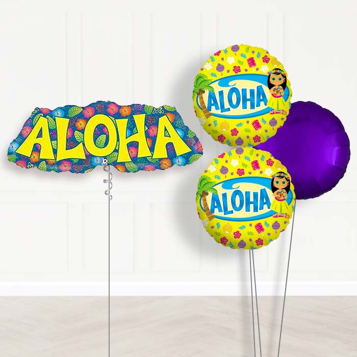 Aloha Balloon Bouquet in a Box Package-Giant Balloon + 2 Themed Balloons + 1 Plain Balloon 