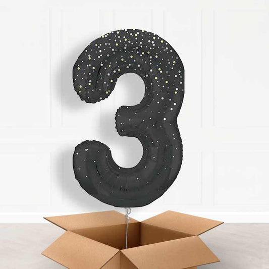 Black and Silver Dots Number 3 Helium Balloon in a Box - Giant Number | Party Save Smile