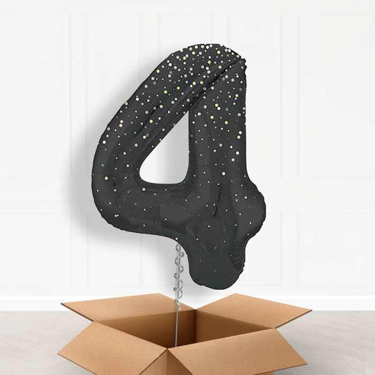 Black and Silver Dots Number 4 Helium Balloon in a Box - Giant Number | Party Save Smile