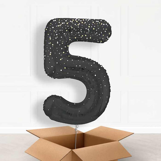 Black and Silver Dots Number 5 Helium Balloon in a Box - Giant Number | Party Save Smile