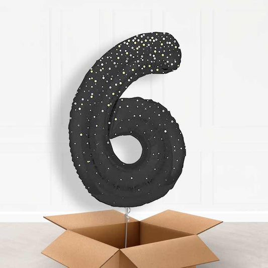 Black and Silver Dots Number 6 Helium Balloon in a Box - Giant Number | Party Save Smile
