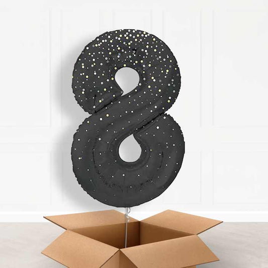 Black and Silver Dots Number 8 Helium Balloon in a Box - Giant Number | Party Save Smile