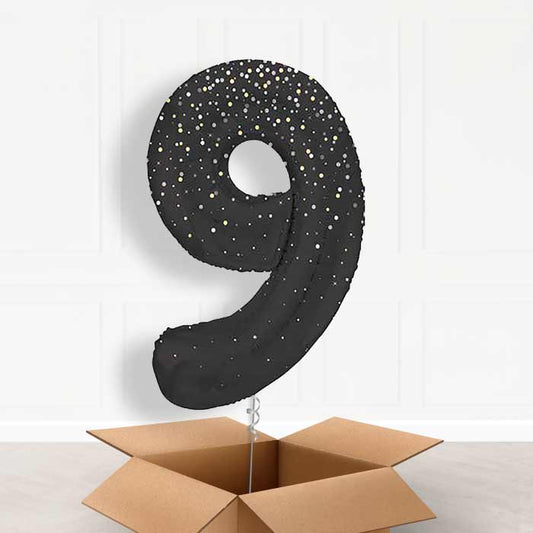Black and Silver Dots Number 9 Helium Balloon in a Box - Giant Number | Party Save Smile