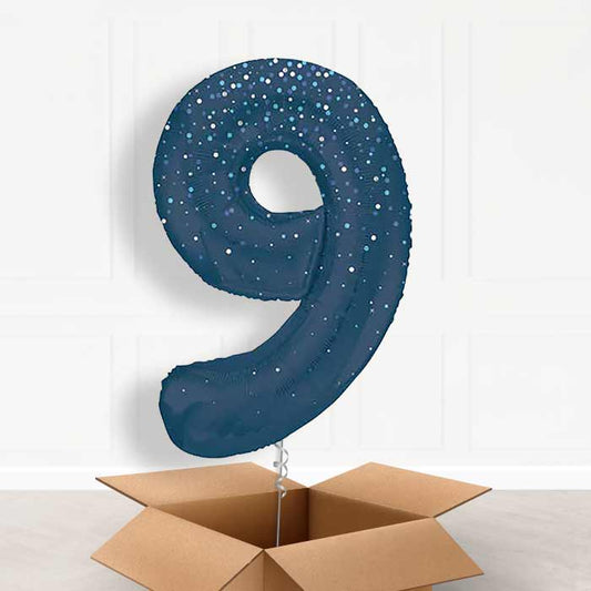 Navy Blue Dots Number 9 Helium Balloon in a Box - Giant Number | Party Save Smile
