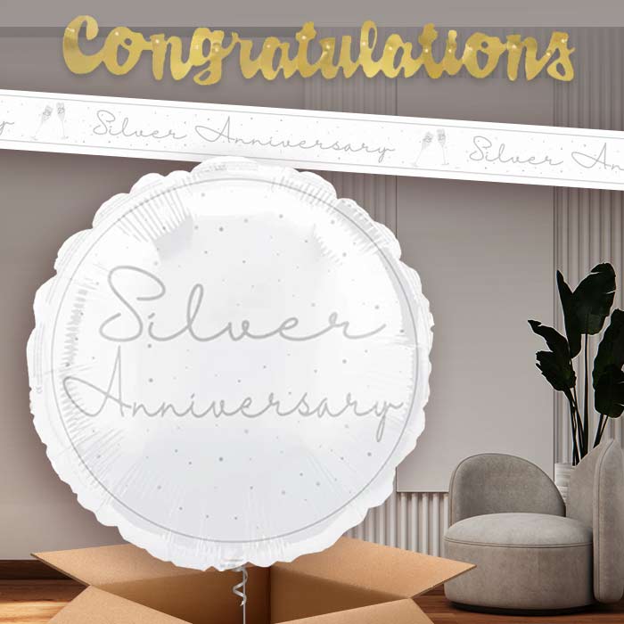 Silver 25th Anniversary Balloon and Banners | Party Save Smile