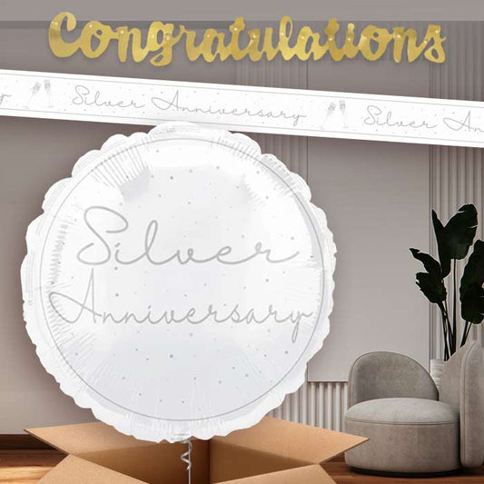 Silver 25th Anniversary Balloon and Banners | Party Save Smile