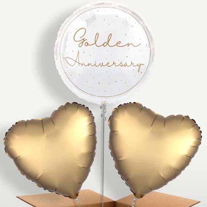 Golden Anniversary Trio Balloon Bunch inflated with Helium | Party Save Smile
