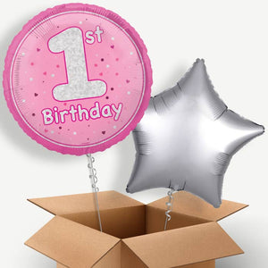 Pink and Silver 1st Birthday Helium Balloon Couple