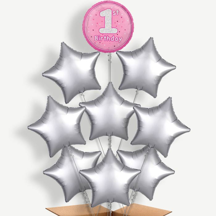 Pink & Silver 1st Birthday Helium Balloon Bundle | Party Save Smile