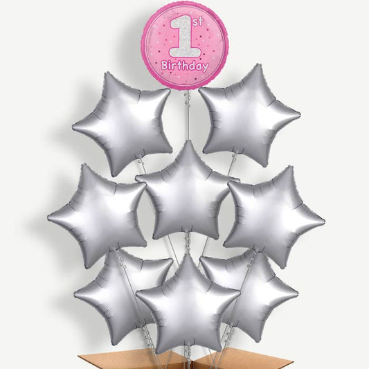Pink & Silver 1st Birthday Helium Balloon Bundle | Party Save Smile