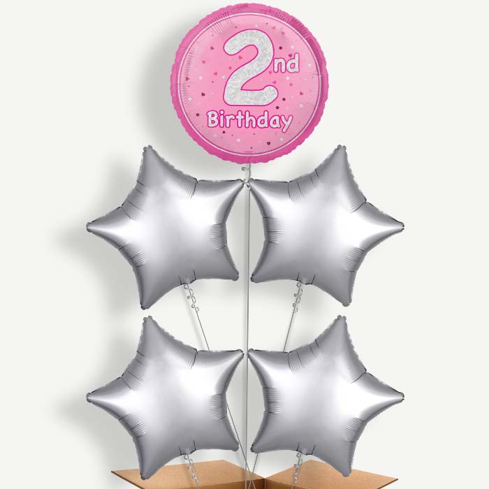 Pink & Silver 2nd Birthday Helium Cluster Balloons | Party Save Smile