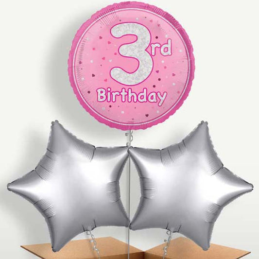 Pink & Silver 3rd Birthday Balloon Bunch | Party Save Smile