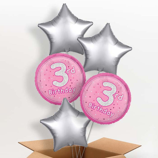 Pink and Silver 3rd Birthday Helium Balloon in a Box - 5 Balloon | Party Save Smile