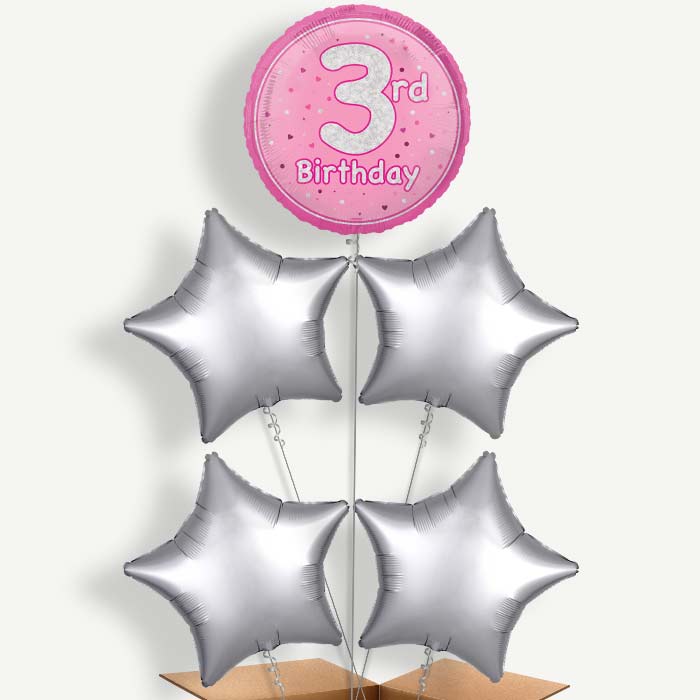 Pink & Silver 3rd Birthday Helium Cluster Balloons | Party Save Smile
