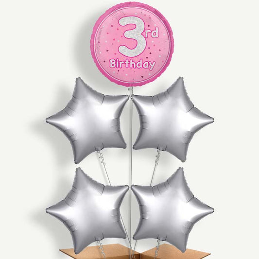 Pink & Silver 3rd Birthday Helium Cluster Balloons | Party Save Smile