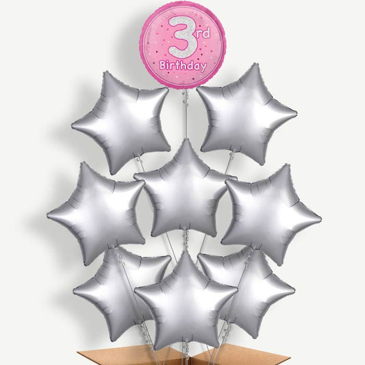 Pink & Silver 3rd Birthday Helium Balloon Bundle | Party Save Smile
