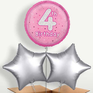 Pink & Silver 4th Birthday Balloon Bunch (Trio)