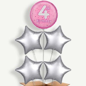 Pink & Silver 4th Birthday 5 Helium Cluster Balloons