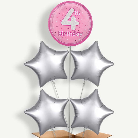 Pink & Silver 4th Birthday Helium Cluster Balloons | Party Save Smile