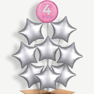 Pink & Silver 4th Birthday 9 Helium Balloon Bundle