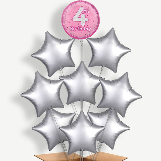 Pink & Silver 4th Birthday Helium Balloon Bundle | Party Save Smile