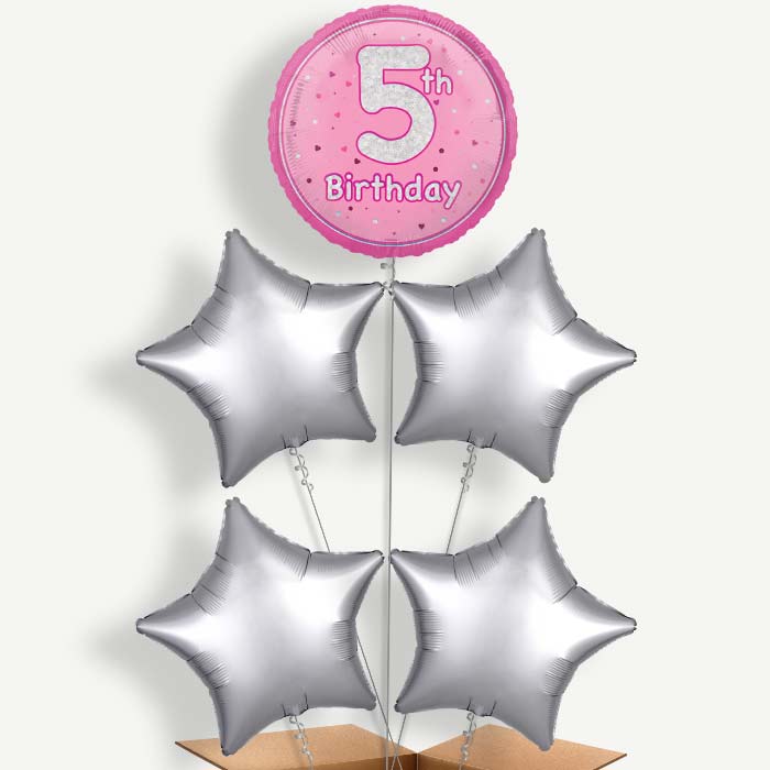 Pink & Silver 5th Birthday Helium Cluster Balloons | Party Save Smile