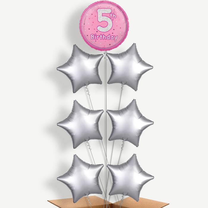 Pink & Silver 5th Birthday Helium Balloon Arrangement | Party Save Smile