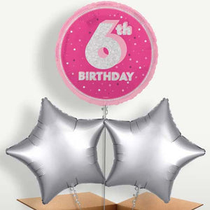 Hot Pink & Silver 6th Birthday Balloons in a Bunch (Trio)