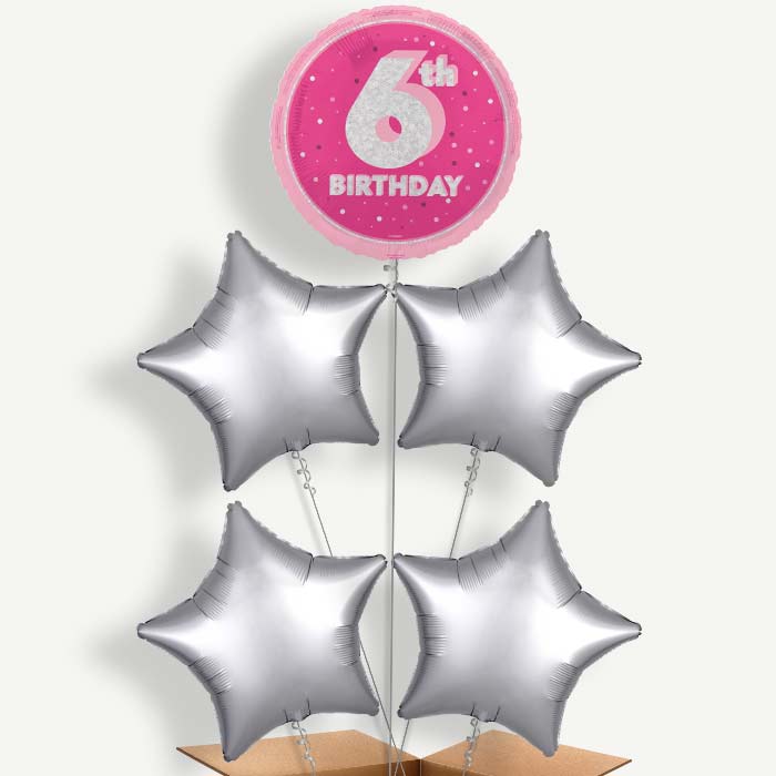 Hot Pink & Silver 6th Birthday Helium Cluster Balloons | Party Save Smile