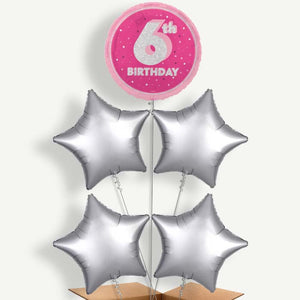 Hot Pink & Silver 6th Birthday 5 Helium Cluster Balloons