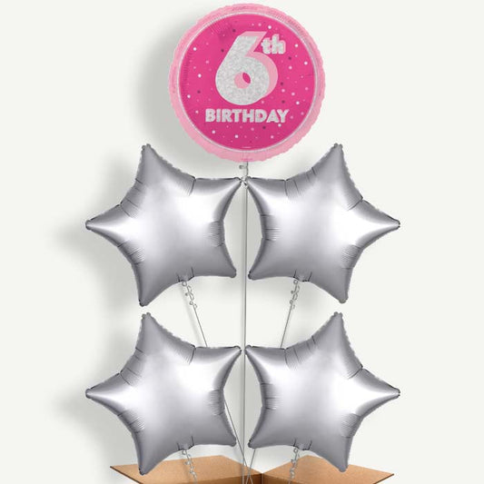 Hot Pink & Silver 6th Birthday Helium Cluster Balloons | Party Save Smile