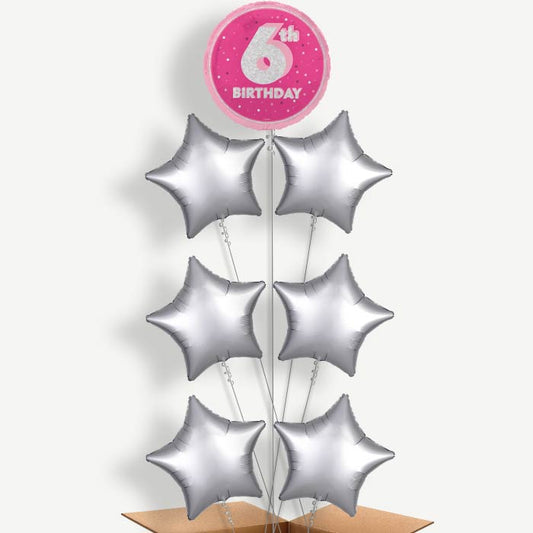 Hot Pink & Silver 6th Birthday Helium Balloon Arrangement | Party Save Smile