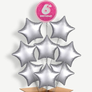 Hot Pink & Silver 6th Birthday 9 Helium Balloon Bundle
