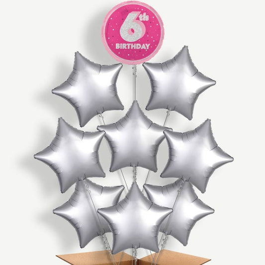Hot Pink & Silver 6th Birthday Helium Balloon Bundle | Party Save Smile