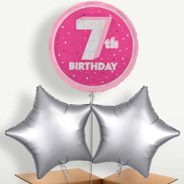 Hot Pink & Silver 7th Birthday Balloons in a Bunch | Party Save Smile