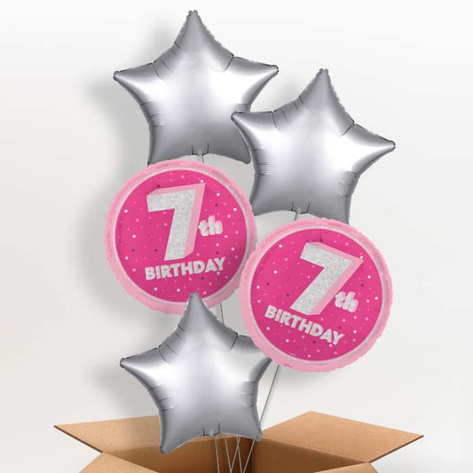 Hot Pink and Silver 7th Birthday Helium Balloon in a Box - 5 Balloon | Party Save Smile