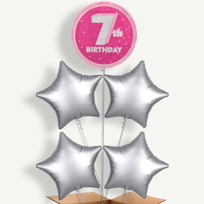 Hot Pink & Silver 7th Birthday Helium Cluster Balloons | Party Save Smile