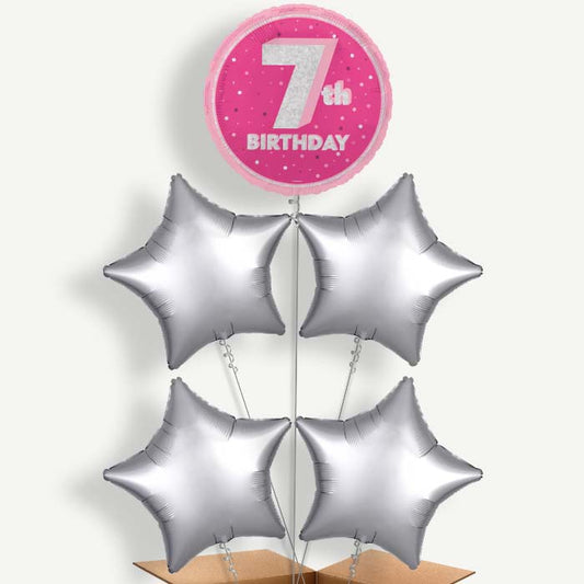Hot Pink & Silver 7th Birthday Helium Cluster Balloons | Party Save Smile