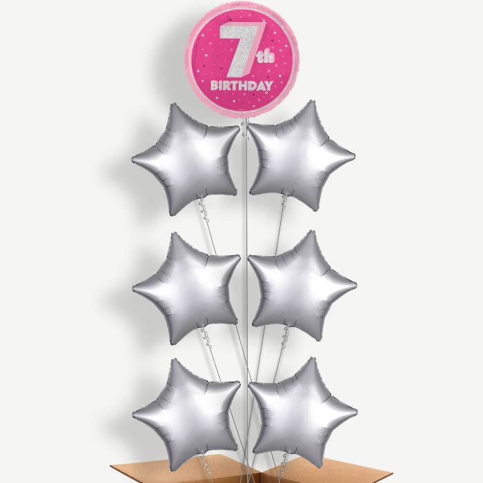 Hot Pink & Silver 7th Birthday Helium Balloon Arrangement | Party Save Smile