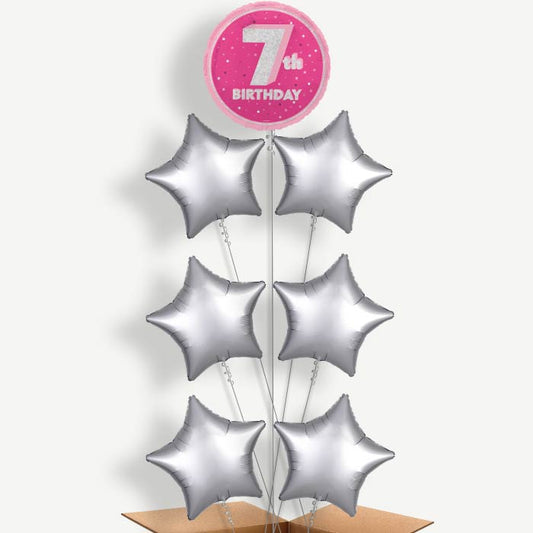 Hot Pink & Silver 7th Birthday Helium Balloon Arrangement | Party Save Smile