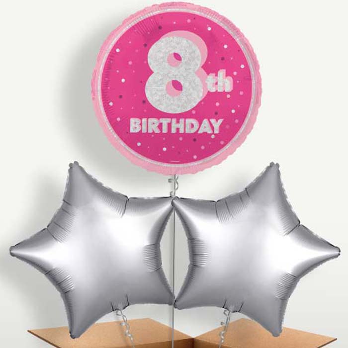 Hot Pink & Silver 8th Birthday Balloons in a Bunch | Party Save Smile