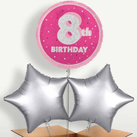 Hot Pink & Silver 8th Birthday Balloons in a Bunch | Party Save Smile