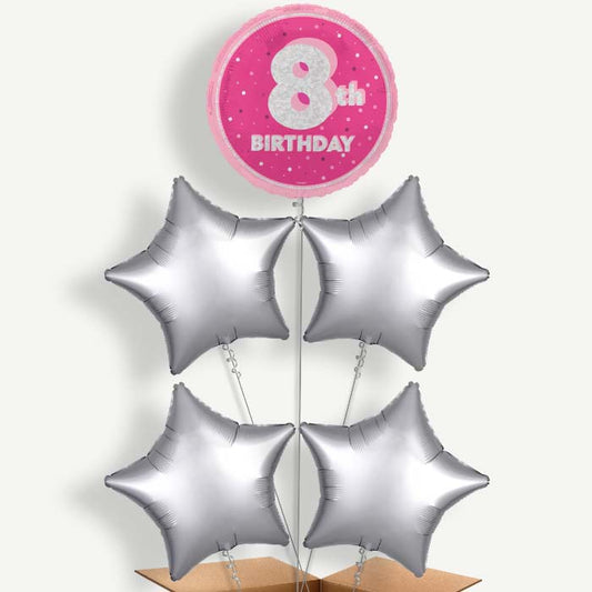 Hot Pink & Silver 8th Birthday Helium Cluster Balloons | Party Save Smile