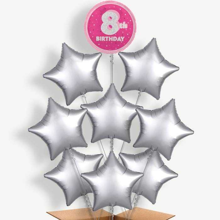Hot Pink & Silver 8th Birthday Helium Balloon Bundle | Party Save Smile