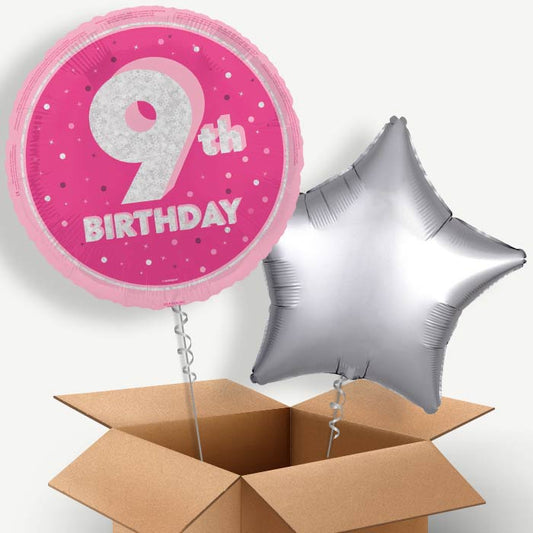 Hot Pink and Silver 9th Birthday Helium Balloon Pair | Party Save Smile