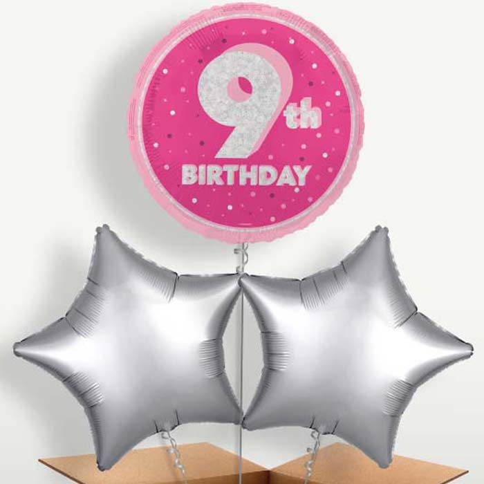Hot Pink & Silver 9th Birthday Balloons in a Bunch | Party Save Smile
