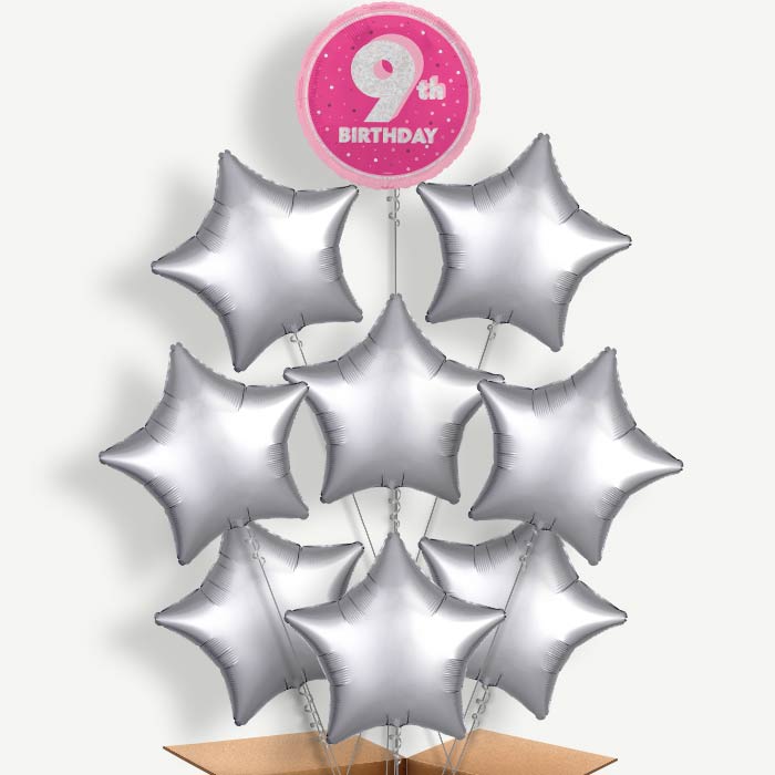 Hot Pink & Silver 9th Birthday Helium Balloon Bundle | Party Save Smile