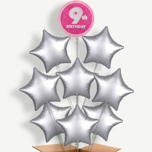 Hot Pink & Silver 9th Birthday Helium Balloon Bundle | Party Save Smile