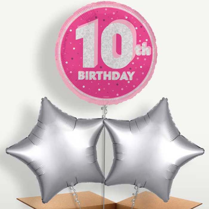 Hot Pink & Silver 10th Birthday Balloons in a Bunch | Party Save Smile